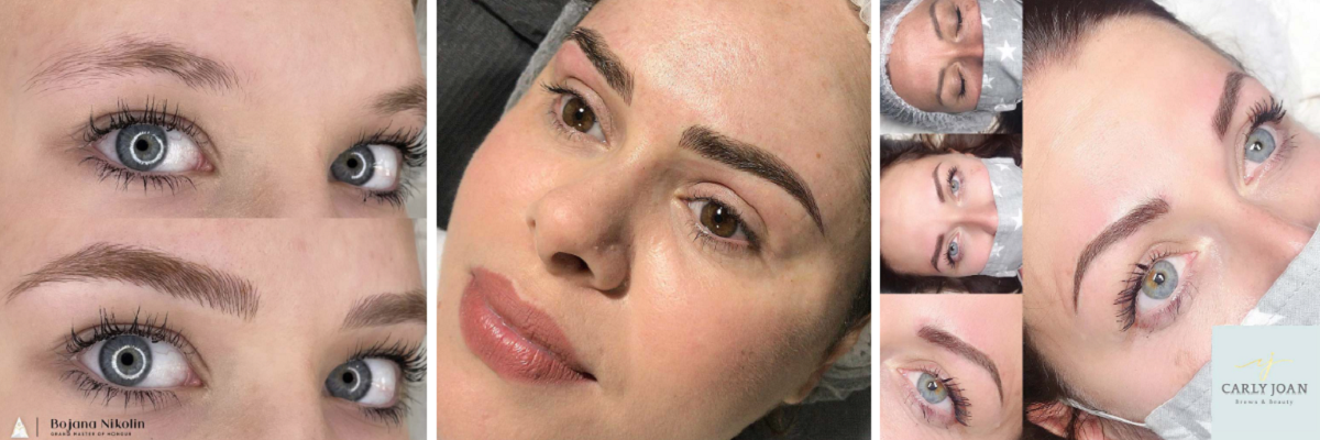 Griglia che mostra i risultati di microblading usando le tonalità di pigmento Brown 1 su sopracciglia di 3 donne Griglia che mostra i risultati di microblading usando le tonalità di pigmento Brown 1 su sopracciglia di 3 donne