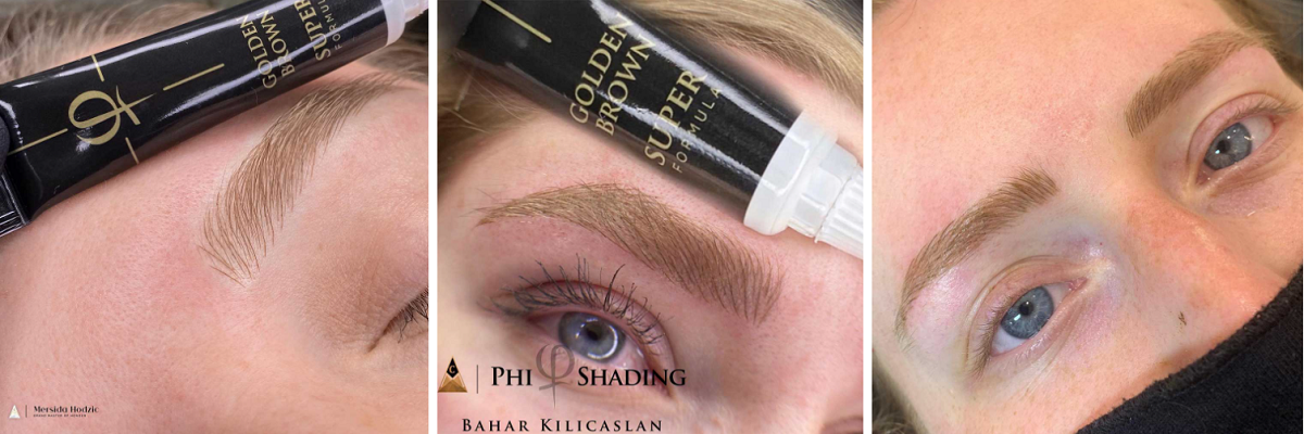 Griglia che mostra i risultati di microblading usando il pigmento Golden Brown su sopracciglia di una donna con occhi azzurri