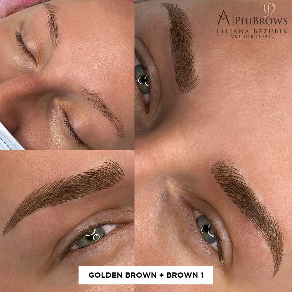 Griglia che mostra i risultati di microblading miscelando Brown 1 e Golden Brown su una donna con occhi verdi Griglia che mostra i risultati di microblading miscelando Brown 1 e Golden Brown su una donna con occhi verdi