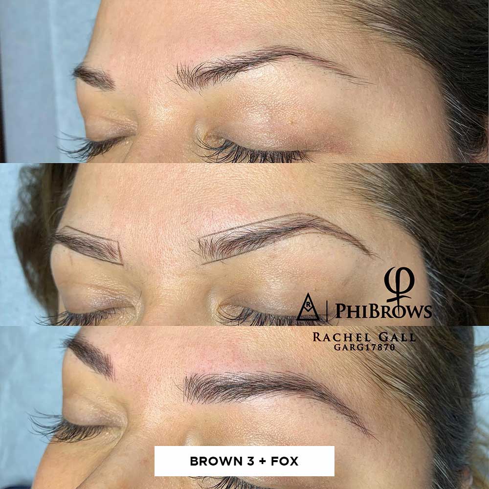 Griglia che mostra i risultati di microblading prima e dopo la miscelazione di Brown 3 e Fox Griglia che mostra i risultati di microblading prima e dopo la miscelazione di Brown 3 e Fox