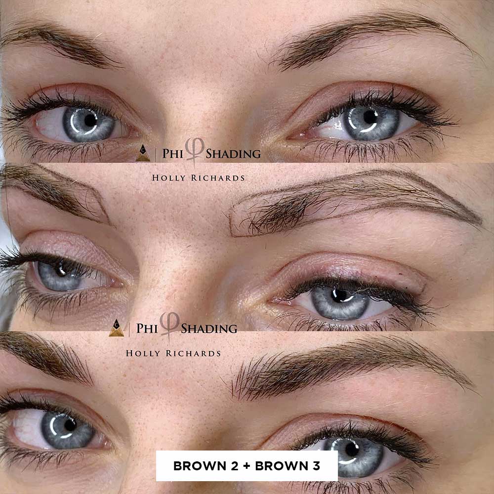 Griglia che mostra i risultati di microblading prima e dopo la miscelazione di Brown 2 e Brown 3 su una donna con occhi azzurri Griglia che mostra i risultati di microblading prima e dopo la miscelazione di Brown 2 e Brown 3 su una donna con occhi azzurri